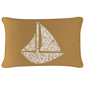 Sparkles Home Shell Sailboat Pillow, Gold Velvet, 14x20"