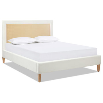 Haley Upholstered Cane-Back Platform Bed, Snow White Polyester, Queen