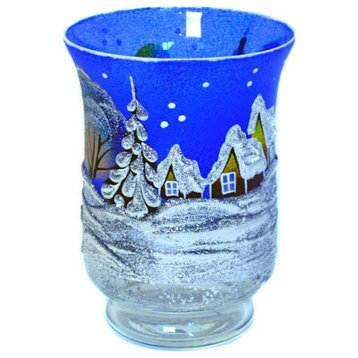 Victoria Bella 6" Height 'Blue Winter' Pattern Hand-Painted Glass Vase