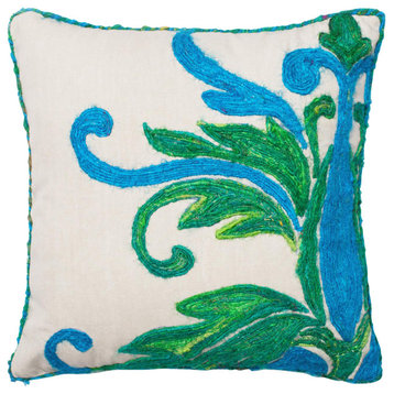 18"x18" Green / Blue Stitched Silk Yarn Throw Pillow by Loloi, Poly Fill