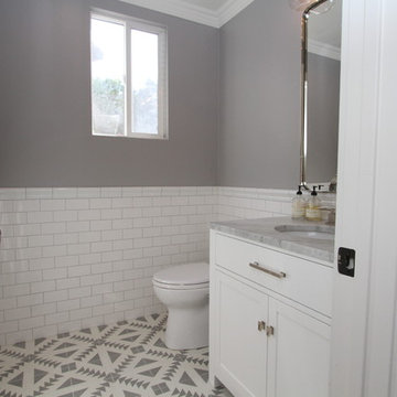 White Kitchen with Floating Wall Shelves & fireplace