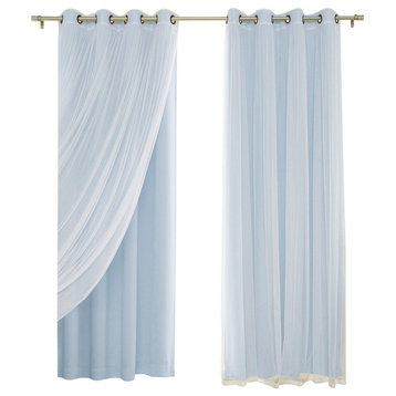 Gathered Tulle Sheer and Blackout 4-Piece Curtain Set, Baby Blue, 96"