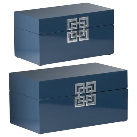 Benzara BM285590 11" 2-Piece Set Decorative Boxes, Geometric Metal Accents, Blue