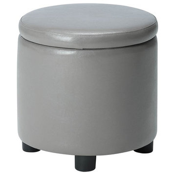 Designs4Comfort Round Accent Storage Ottoman in Gray Faux Leather Fabric