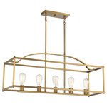 Savoy House - Palladian 5-Light Warm Brass Linear Chandelier - Generous in scale, the Palladian Collection offers a streamlined aesthetic and an open cage that comfortably covers a wide area without looking heavy. With an adjustable height from 16" to 70" and measuring 38" long x 12" wide, this linear chandelier in a Warm Brass finish provides ample illumination over a dining table or island from five 60-watt Edison-base bulbs.