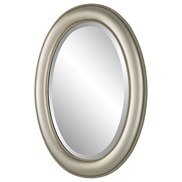 29" Wood Wall Mirror, Beaded Oval Shape, Metallic Silver