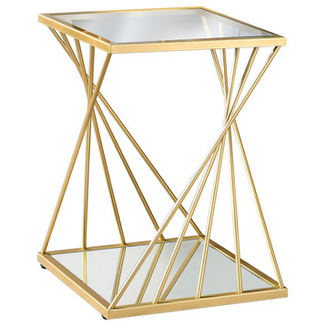 Contemporary End Table, Golden Metal Frame With Twisted Spoke Accent & Glass Top