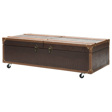 Unique Coffee Table, Luggage Design With Caster Wheels and Wine Rack, Walnut/Brass