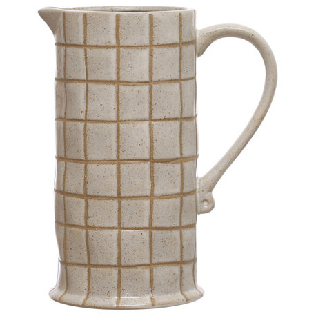 8.5" 46-Ounce Pitcher, Wax Relief Grid Pattern, Reactive Glaze, Cream, Brown