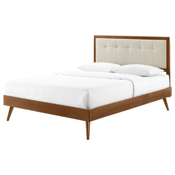 Platform Bed Frame, Full Size, Wood, Brown Walnut Beige, Modern Mid-Century