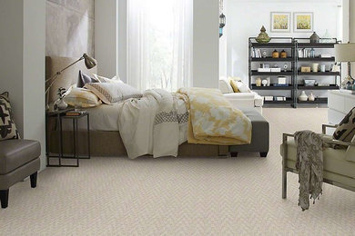 Inspiration for a large modern master carpeted bedroom remodel in Chicago with gray walls