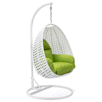 LeisureMod White Wicker Hanging Egg Chair With Stand and Cushion, Light Green