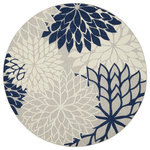 Nourison - Nourison Aloha 7'10" Round Ivory/Navy Tropical Area Rug - In shades of navy-blue, grey, and white, this Aloha indoor/outdoor rug brings extra life and excitement to your patio, deck, or poolside. Its high-low construction combines delightful texture with an intricately woven base for exceptional look and feel that stands up to the elements. Machine made from premium stain-resistant fibers for long wear and easy cleaning: just rinse with a hose and air dry.