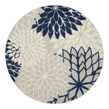 Aloha Ivory/Navy 8 ft. x 8 ft. Floral Contemporary Indoor/Outdoor Round Rug