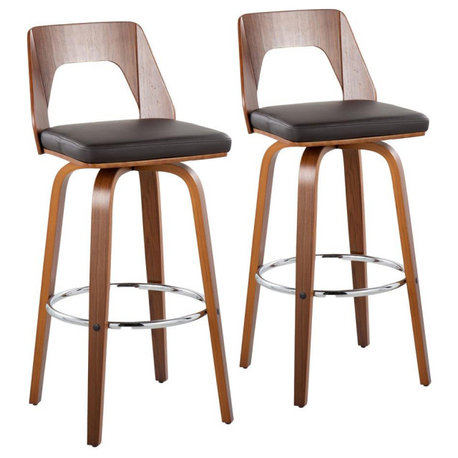 Walnut Wood, Brown PU, Chrome Trilogy 30 Barstool - Set of 2