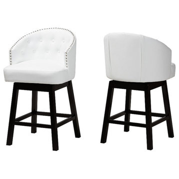 Baxton Studio Theron White Faux Leather and Brown Wood 2-Piece Counter Stool Set