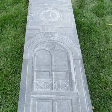 Bluestone Bench Garden Feature: Lenapi Hall Clock: Stone carving and rendering