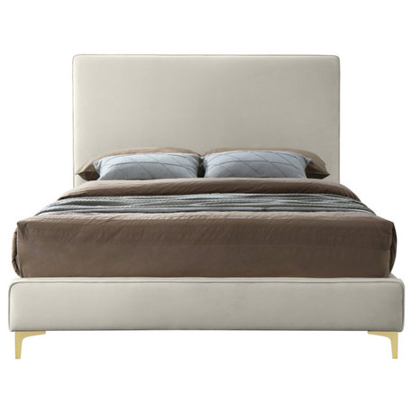 Geri Velvet Upholstered Bed, Cream, Queen
