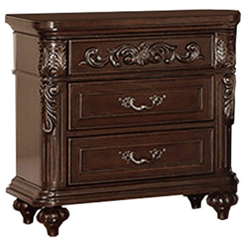 30" 3 Drawer Engraved Wooden Nightstand, Brown