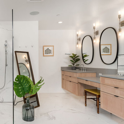 Transitional master gray tile, white tile and marble tile marble floor, multicolored floor and double-sink bathroom photo in Seattle with shaker cabinets, medium tone wood cabinets, white walls, an undermount sink, quartz countertops, gray countertops and a floating vanity
