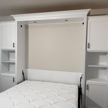 Custom Vertical Queen Murphy Bed with Side Shelving and Storage Cabinets