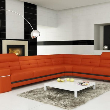 Orange and Black Bonded Leather Sectional Sofa with Adjustable Headrests