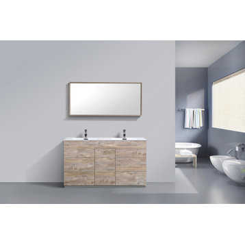 Milano 60" Double Sink Modern Bathroom Vanity, Nature Wood