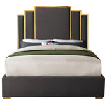 Meridian Furniture - Hugo Velvet Queen Bed, Gray - Sleep like a king while adding dramatic flair to your bedroom space in the regal Hugo grey velvet queen bed. Sleek grey velvet upholstery is supported by a polished gold metal frame, supported on gold metal legs, creating a stunning bed that's truly fit for royalty. The unique gold-framed layered rectangle design of the headboard commands attention of anyone who ventures into your sleeping chamber, and its luxuriously large size ensures you'll slumber like a king.