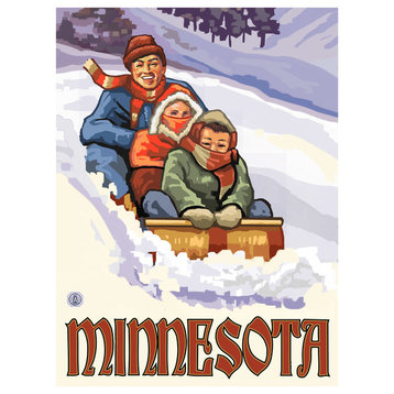 Paul A. Lanquist Minnesota Family Sledding Downhill Art Print, 9"x12"