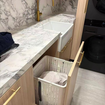 Laundry Cabinet Close-Up – Pull-Out Recycle Hamper Drawer & Marble Worktop