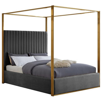 Maklaine Contemporary designed Gray Finished Velvet Queen Bed
