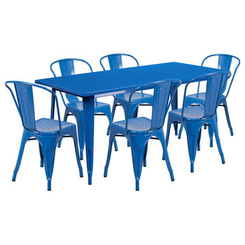 Flash Furniture 7 Piece 31.5" x 63" Metal Dining Set in Blue