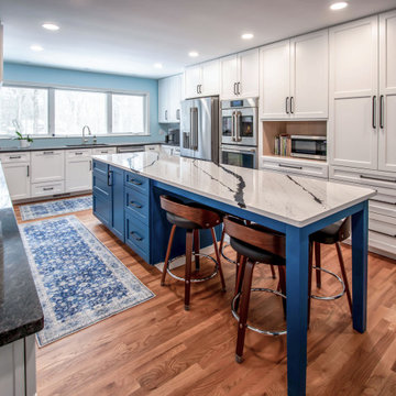 Two-Tone Kitchen with White Perimeter and Blue Island Refaced Cabinets