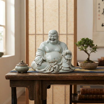 Oriental White Happy Laughing Buddha Ru Yi Praying Beads Porcelain Figure GB018