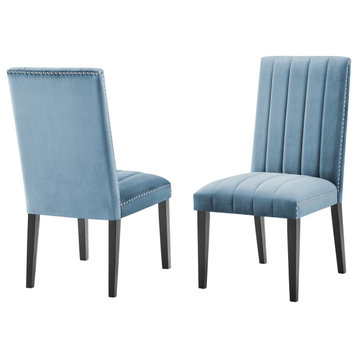 Dining Chair, Nailhead, Set of 2, Blue, Velvet, Modern, Cafe Bistro Hospitality
