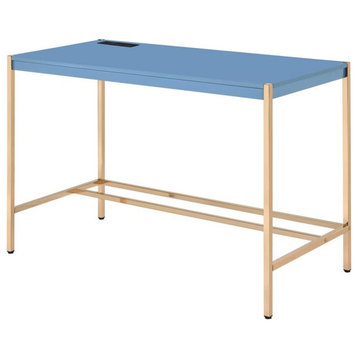 ACME Midriaks Wooden Top Writing Desk with USB Port in Navy Blue and Gold