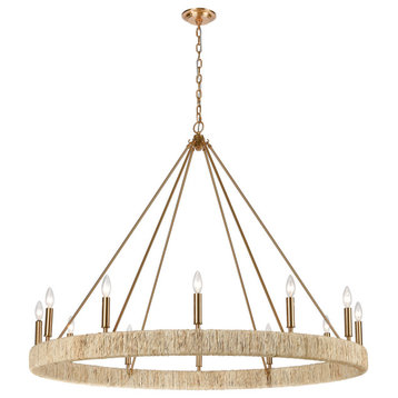 Abaca 12-Light Chandelier, Satin Brass With Abaca Rope Accents