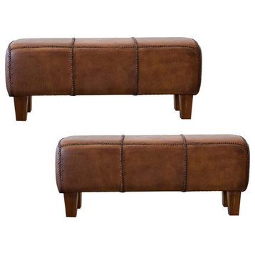 Home Square 2 Piece Genuine Leather Bench Set in Espresso Brown