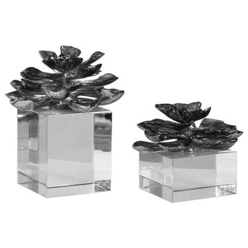 Bowery Hill Contemporary 2 Piece Lotus Sculpture Set in Silver