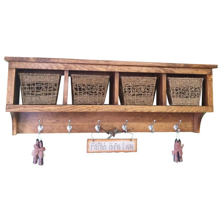 4 Cubby Wall Shelf/Coat Rack, Solid Pine