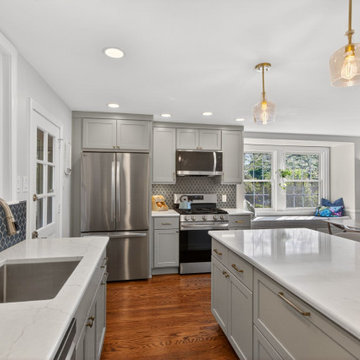 Transitional Kitchen with Custom Banquette plus Dining Nook, Quartz Countertops