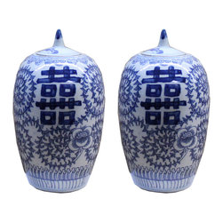Lot of 2 Blue White Small Oriental Graphic Porcelain Point Lid Jars - Decorative Jars And Urns