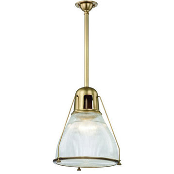 Haverhill 1 Light Pendant, Aged Brass Finish, Ribbed Glass