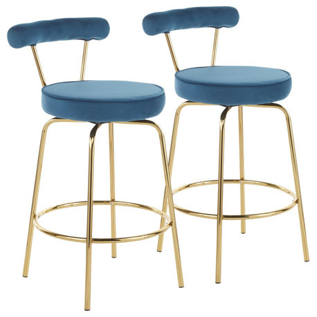 Rhonda Counter Stool, Set of 2, Gold Metal, Blue Velvet