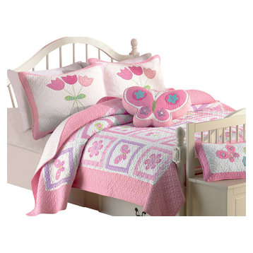 Butterfly Flower  100%Cotton Twin-Size Quilt Set