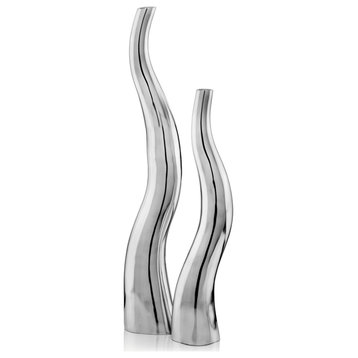 Set of Two Aluminum Silver Wavy Floor Vases