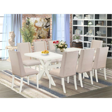 East West Furniture X-Style 9-piece Traditional Wood Dining Set in Cream