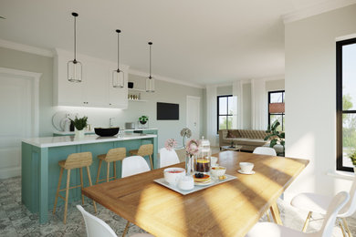Inspiration for a transitional l-shaped open plan kitchen in Dublin with with island.