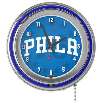 NBA Chrome Double Rung Neon Clock, Fade, Philadelphia 76ers