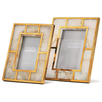Two's Company White Quartz Photo Frames With Brass Trim, Gift Box, Set of 2